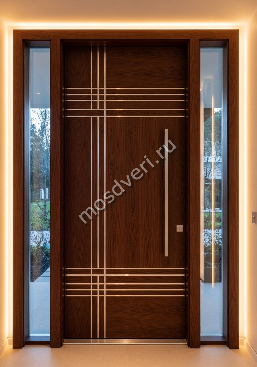 Дизайнерская входная дверь в дом коричневого цвета
